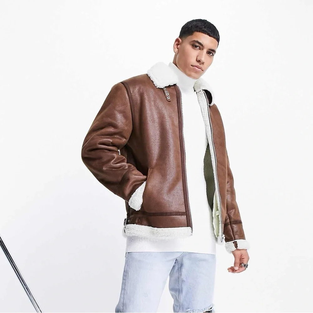 ASOS Flight Jacket In Brown With Ecru Borg Collar - Picture 1 of 4